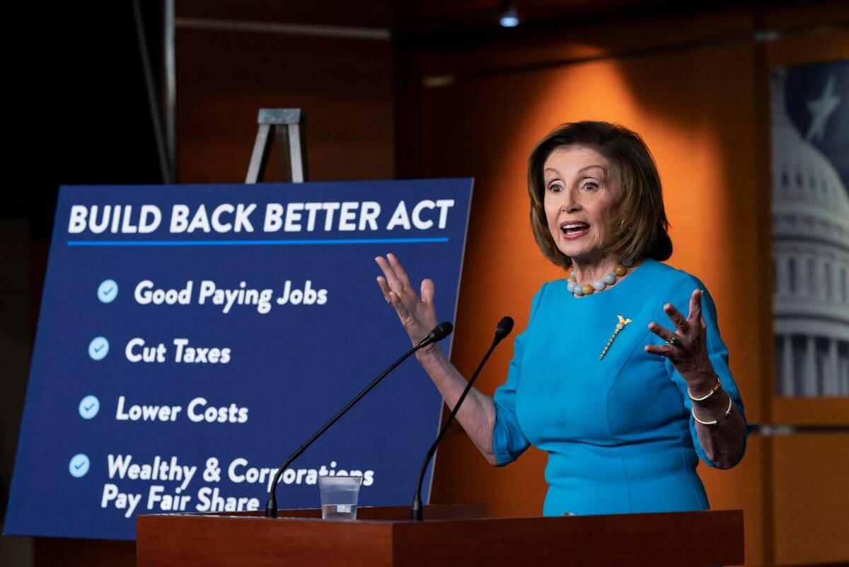Speaker of the House Nancy Pelosi, D-Calif., talks to reporters about the Build Back Better Act ...