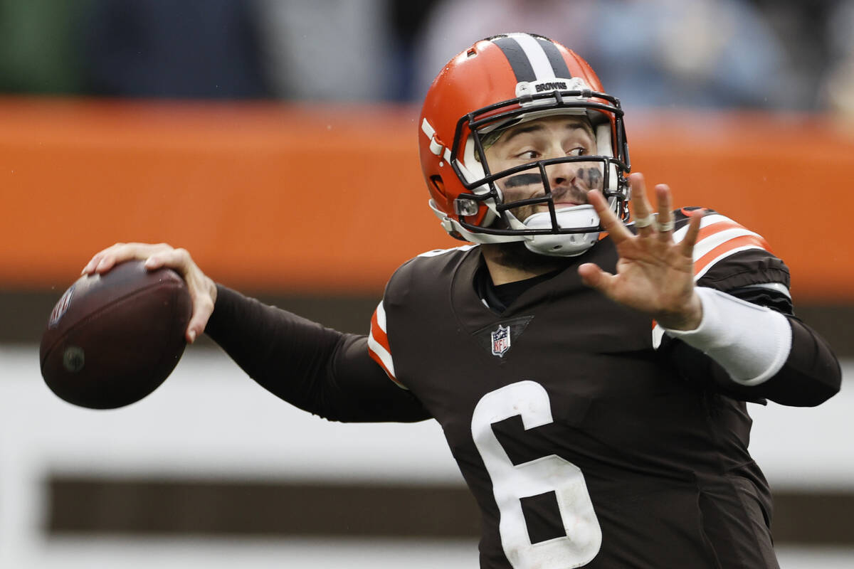 Cleveland Browns quarterback Baker Mayfield throws during the second half of an NFL football ga ...