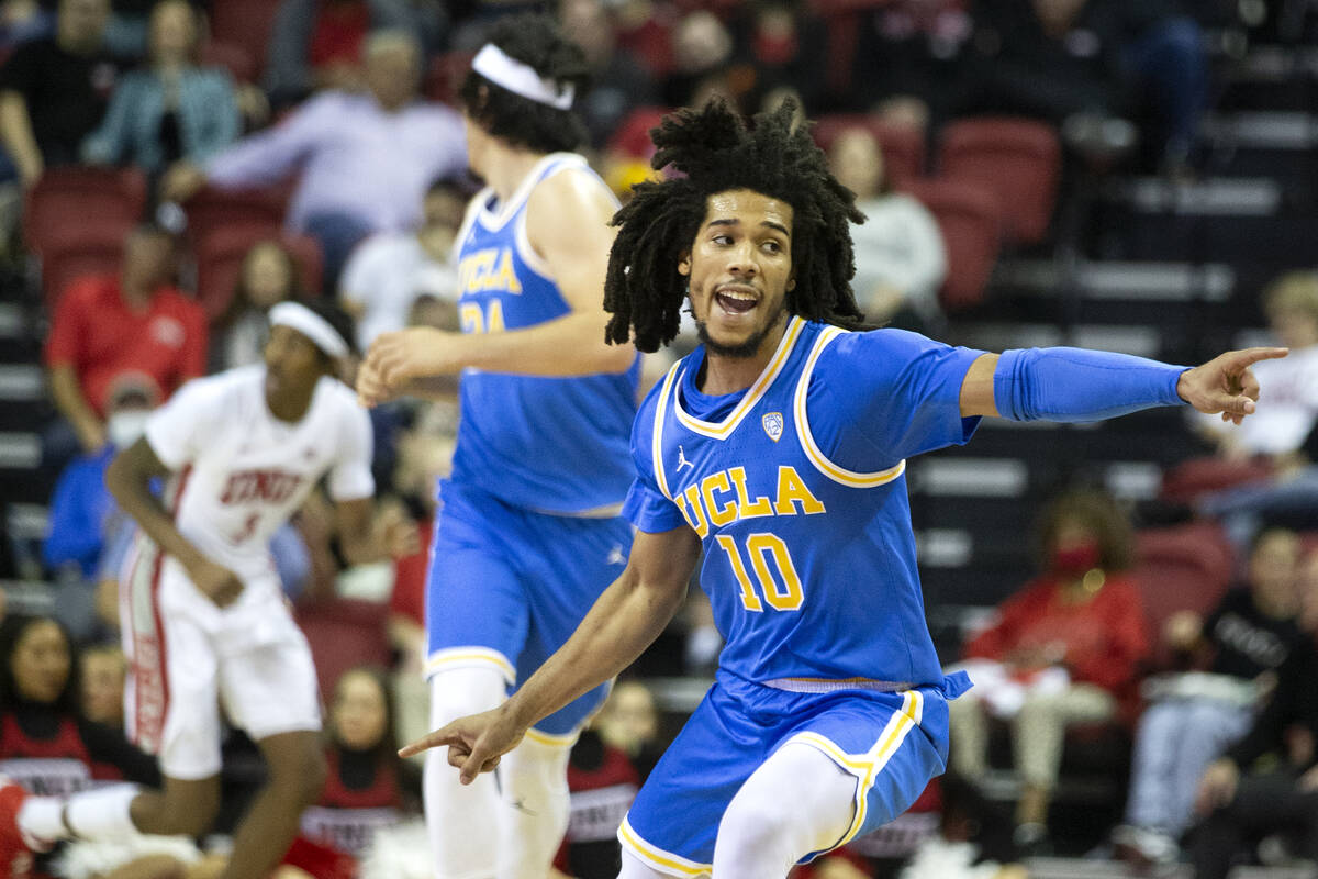 UCLA Bruins guard Tyger Campbell (10) celebrates scoring a three-pointer during the second half ...