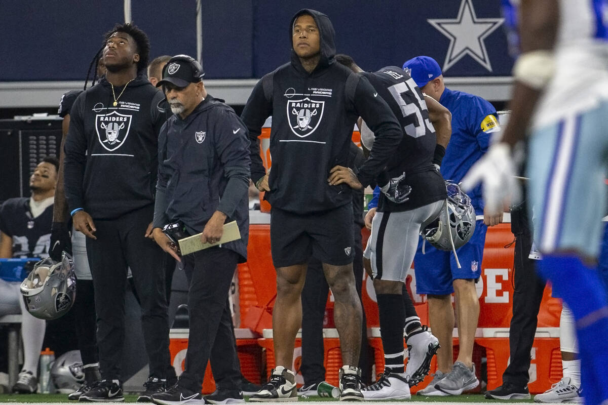 Raiders tight end Darren Waller (83) stands on the sideline with his hands on his hips during t ...
