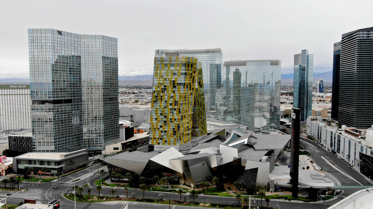 Aerial photo of Las Vegas' CityCenter complex on the Strip as seen on Friday, April 10, 2020. ( ...