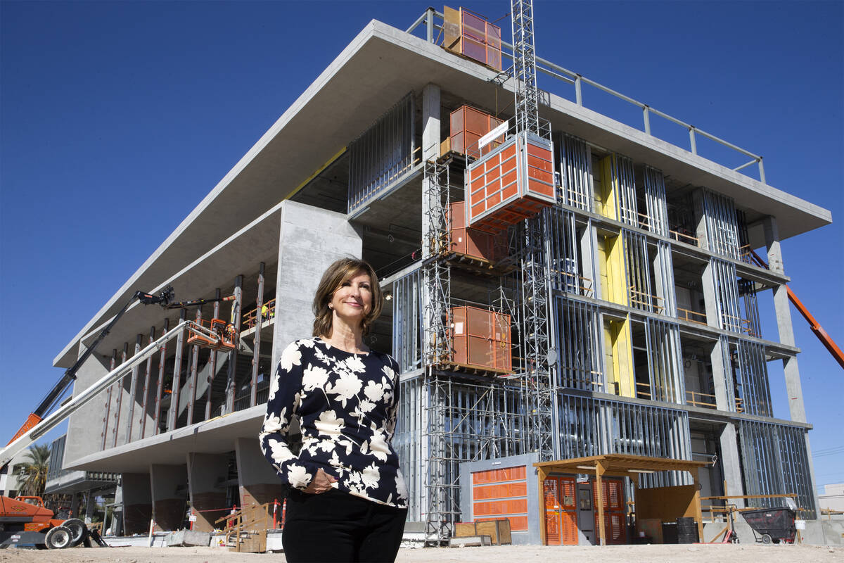 Philanthropist Kris Engelstad McGarry, of The Engelstad Foundation, in front of the constructio ...