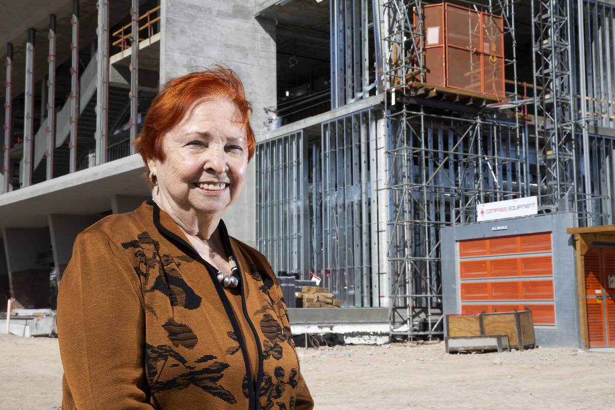 Former UNLV School of Medicine dean Barbara Atkinson in front of The Kirk Kerkorian School of M ...