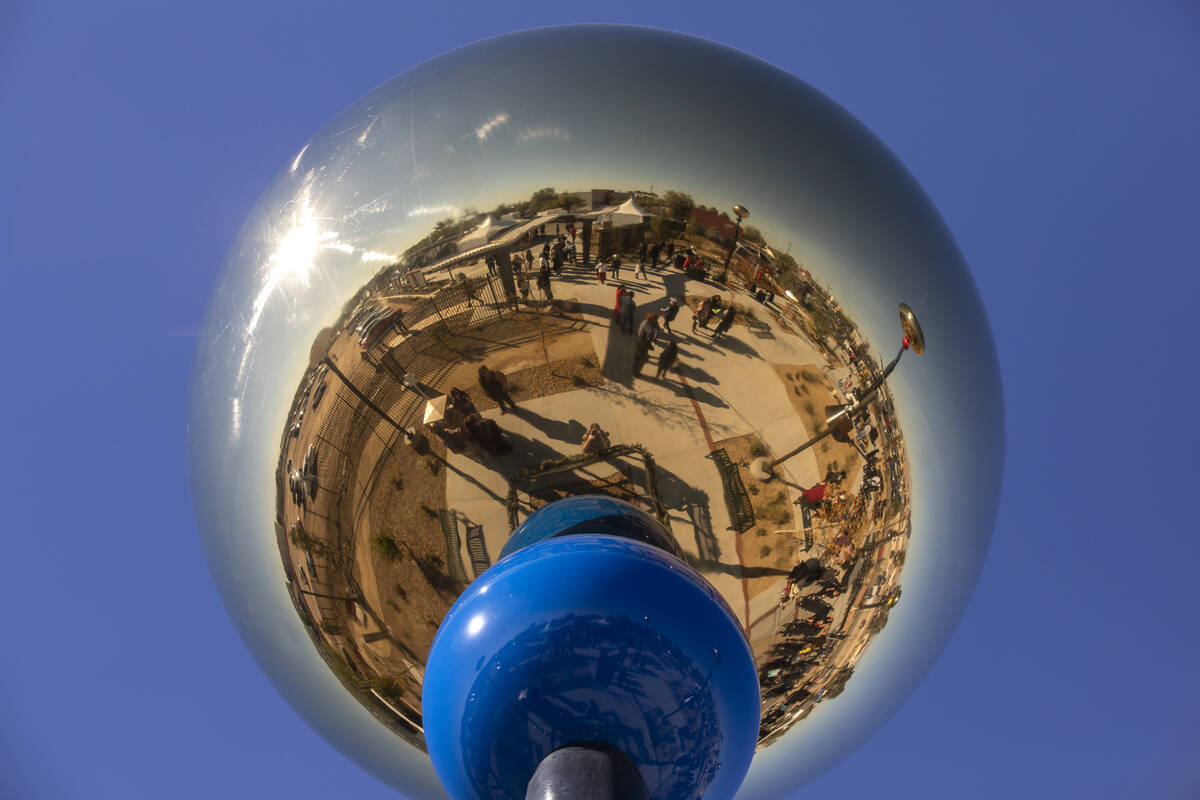 Ornamental orbs are part of the new Historic Westside Legacy Park on Saturday, Dec. 4, 2021, in ...