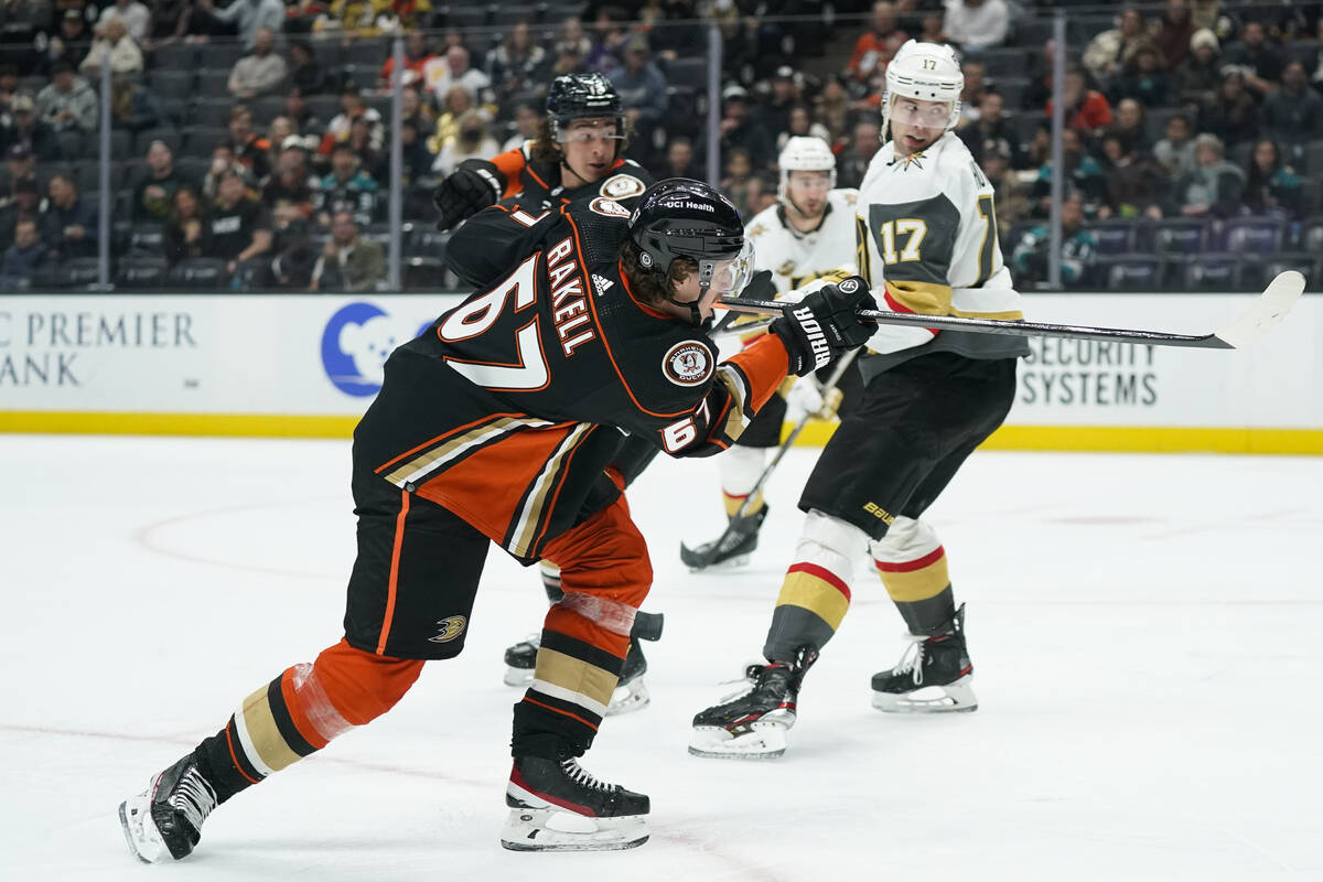 Anaheim Ducks' Rickard Rakell shoots to score during the second period of an NHL hockey game ag ...