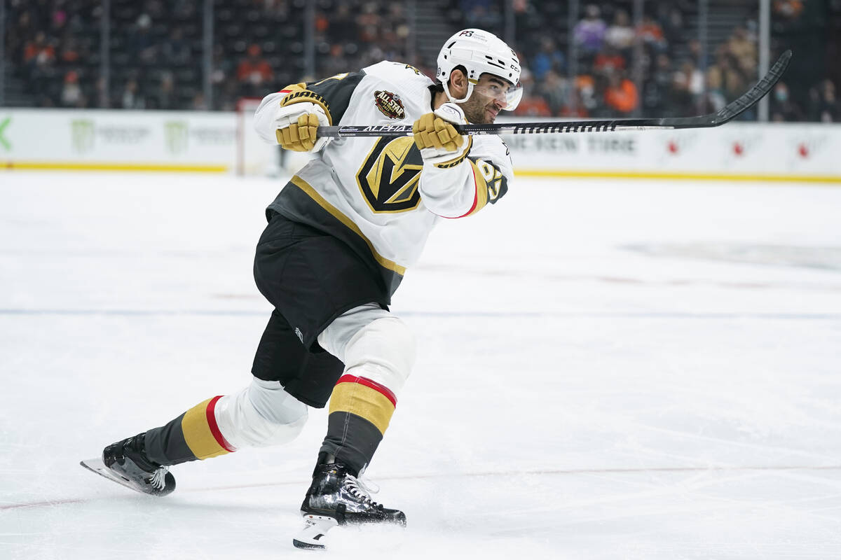 Vegas Golden Knights' Max Pacioretty watches his shot during the first period of an NHL hockey ...