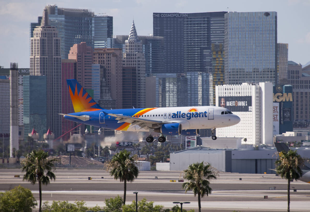 An Allegiant Air flight prepares to land at McCarran International Airport in Las Vegas in 2018 ...