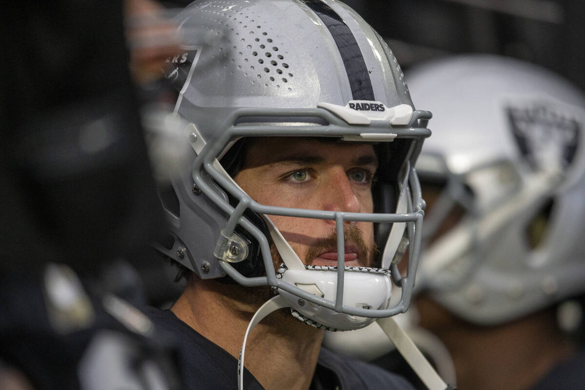 Raiders quarterback Derek Carr (4) waits in the tunnel to take the field before an NFL football ...
