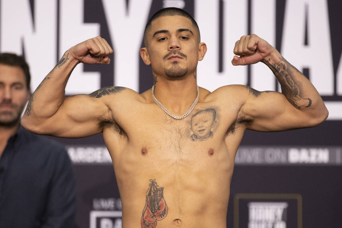 Joseph Diaz Jr. poses during a weigh-in event at the MGM Grand Garden Arena in Las Vegas, Frida ...