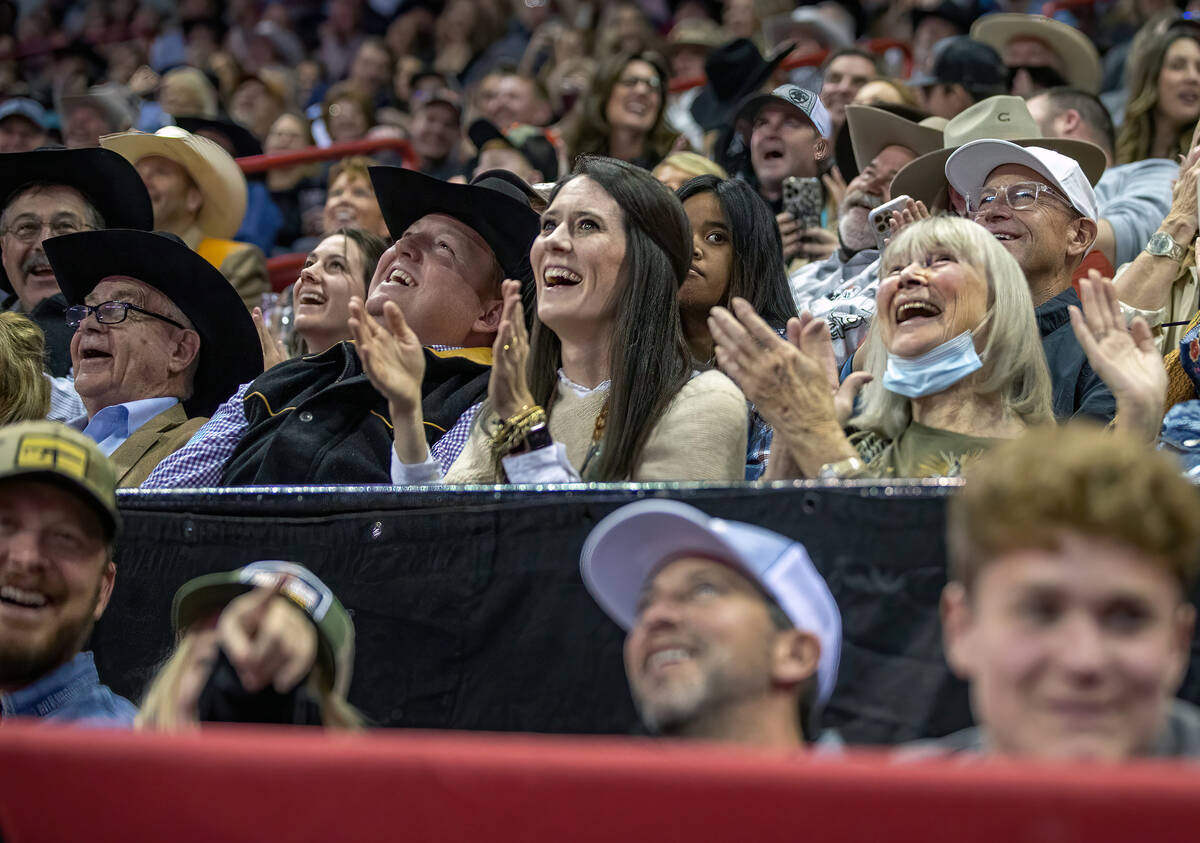 The crowd laughs and sings along to a song during the Day 2 of the Wrangler National Finals Rod ...