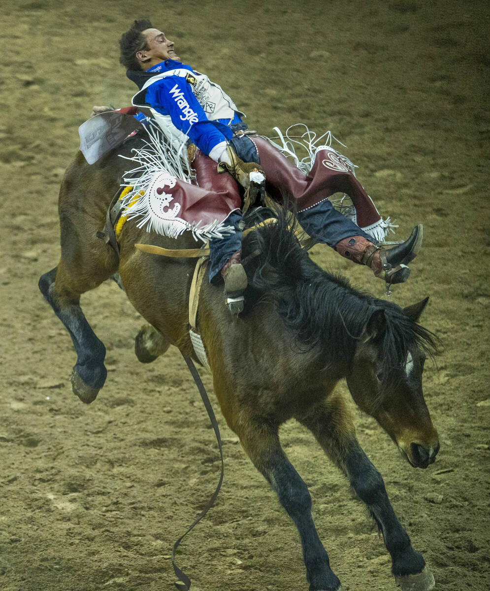 Kaycee Field of Genola, Utah, rides Full Baggage to first place in Bareback Riding during the R ...