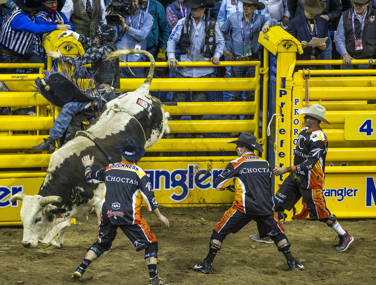 Creek young of Rpgersville, Missouri, grabs a gate after time being thrown by After All yet tak ...