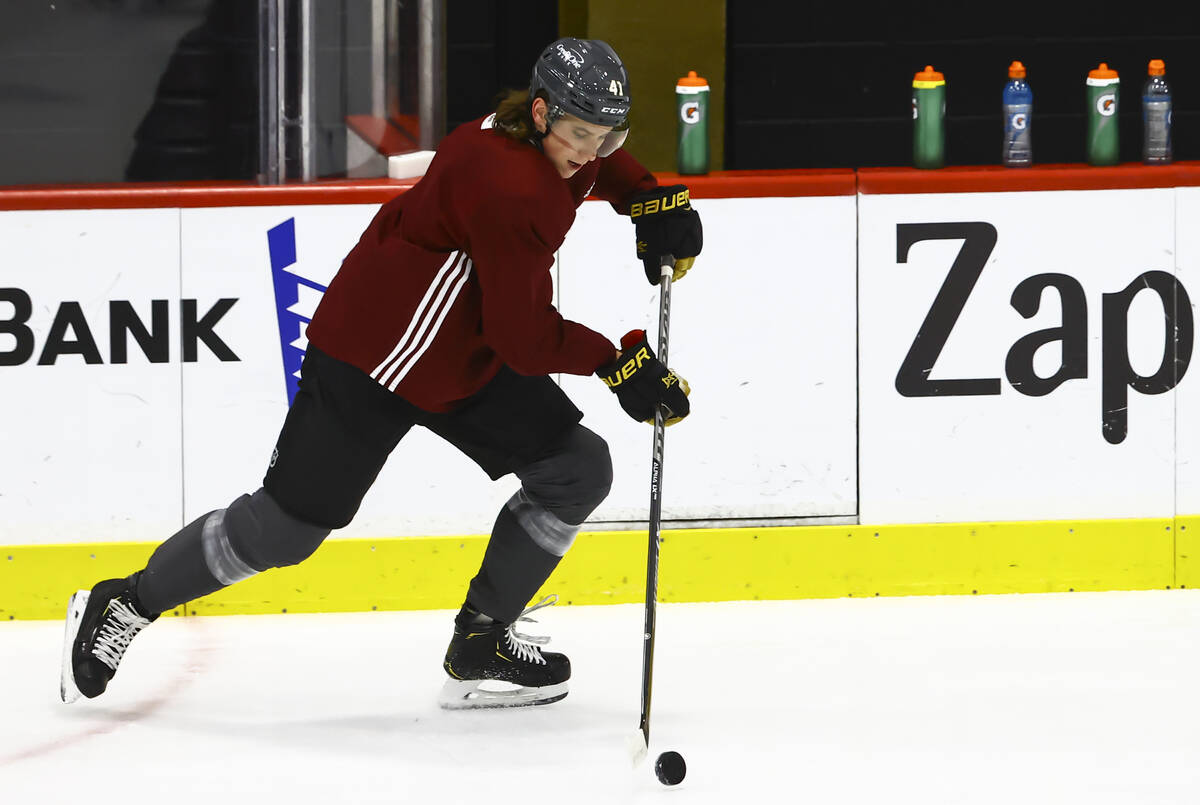 Golden Knights' Nolan Patrick (41) skates with the puck during the first on-ice day of training ...