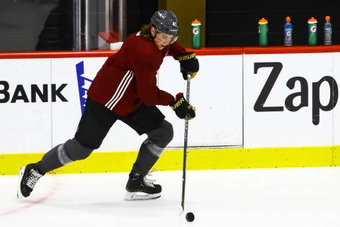 Golden Knights' Nolan Patrick (41) skates with the puck during the first on-ice day of training ...