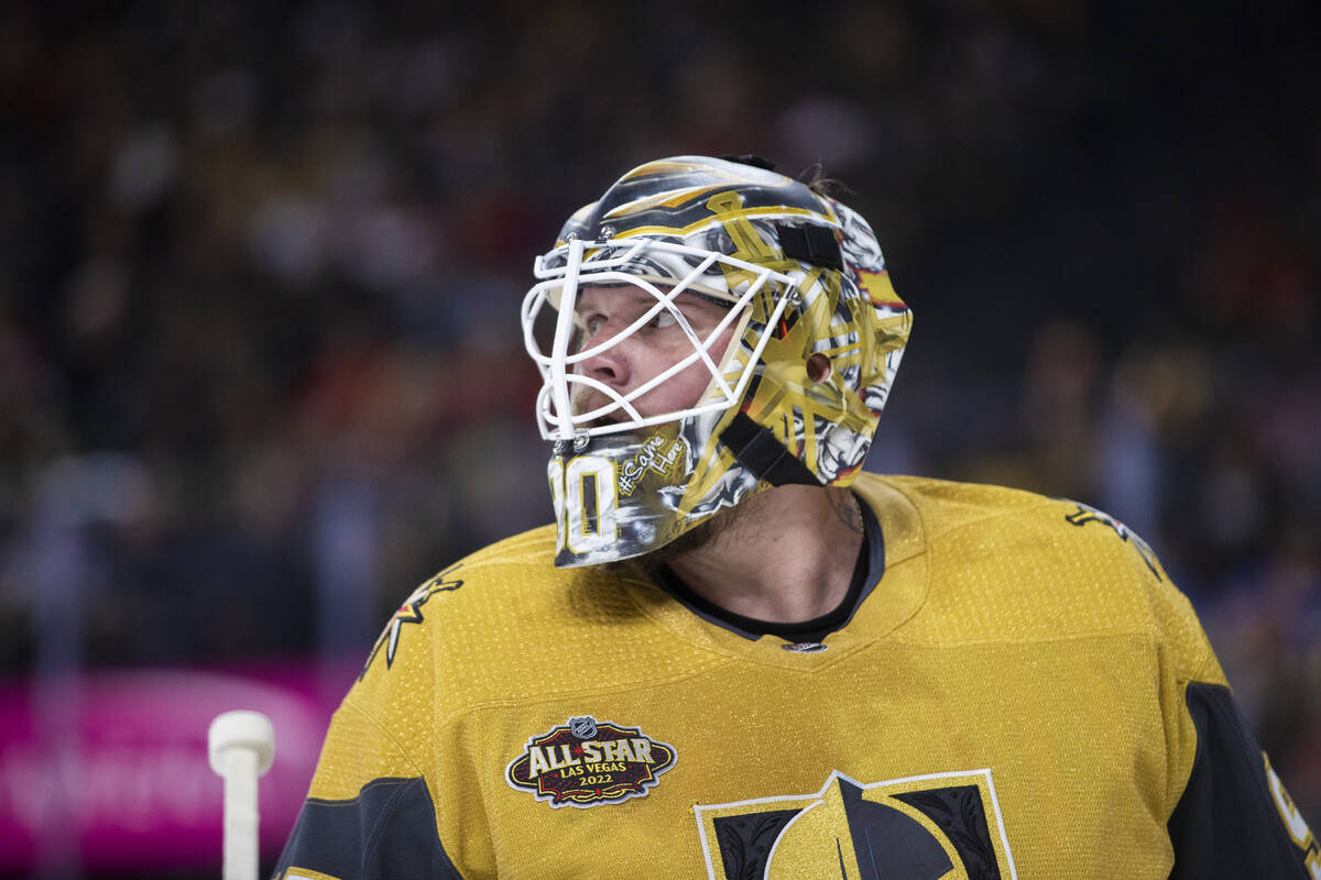 Golden Knights goaltender Robin Lehner (90) looks up ice in the second period during an NHL hoc ...