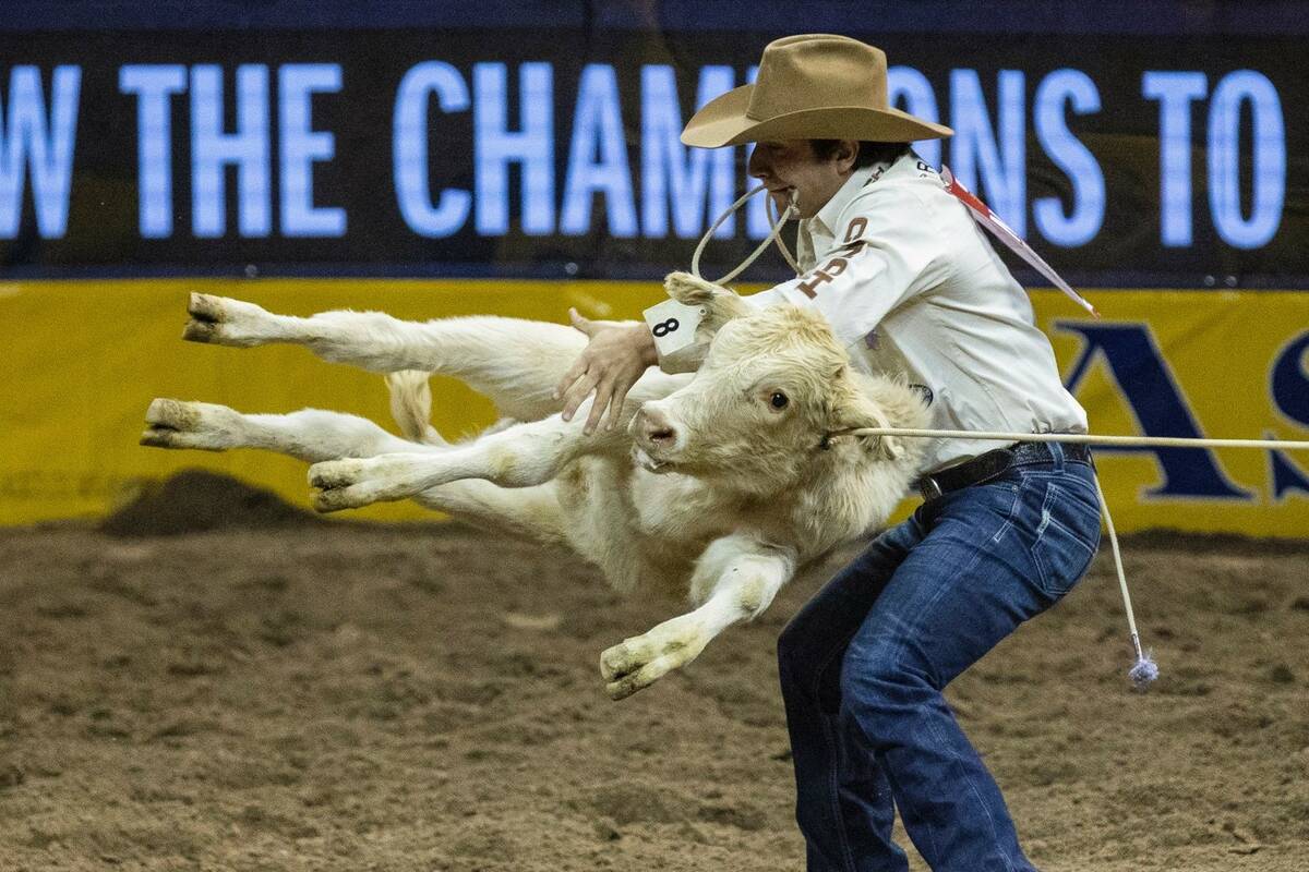 Ty Harris of San Angelo, Texas, in Tie-Down Roping during the fourth round of the Wrangler Nati ...