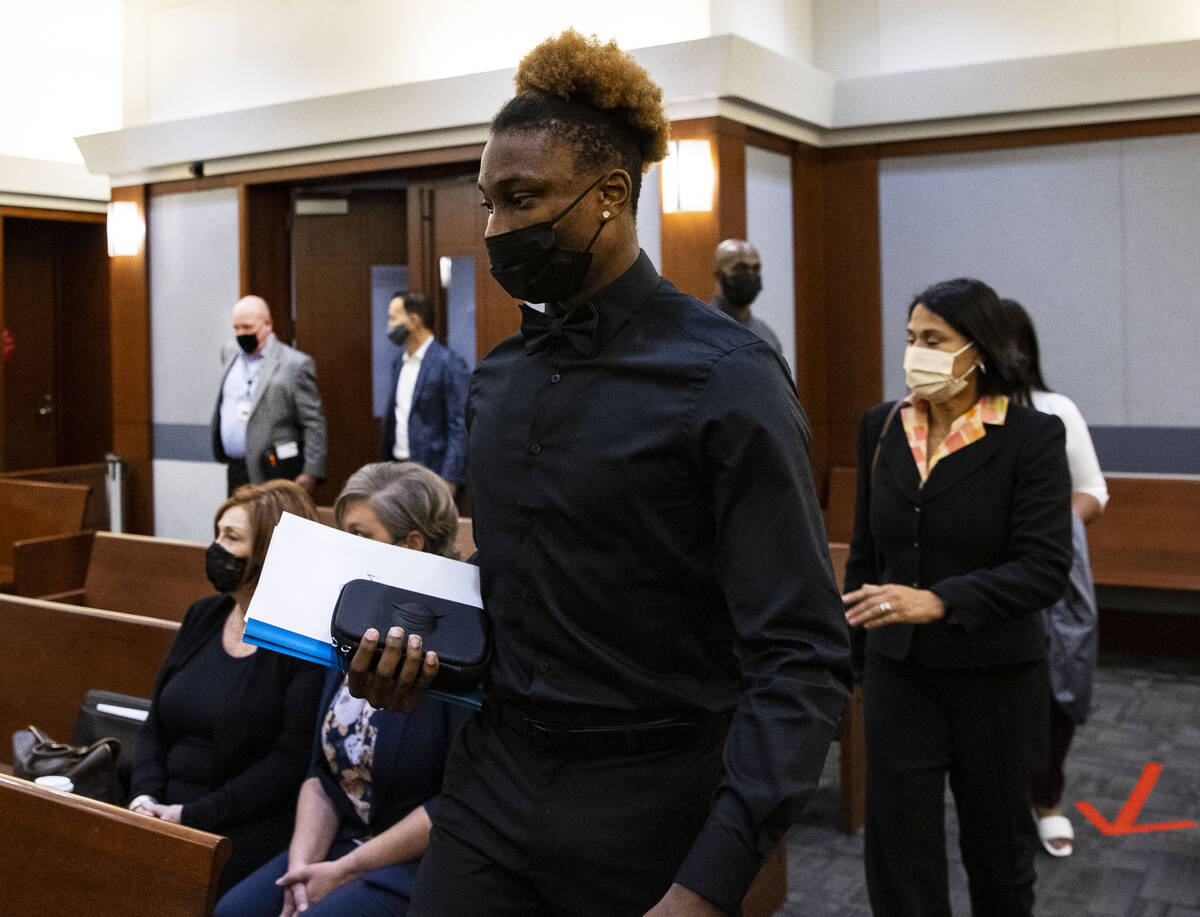 Henry Ruggs, former Raiders wide receiver, arrives at the courtroom for a hearing at the Region ...