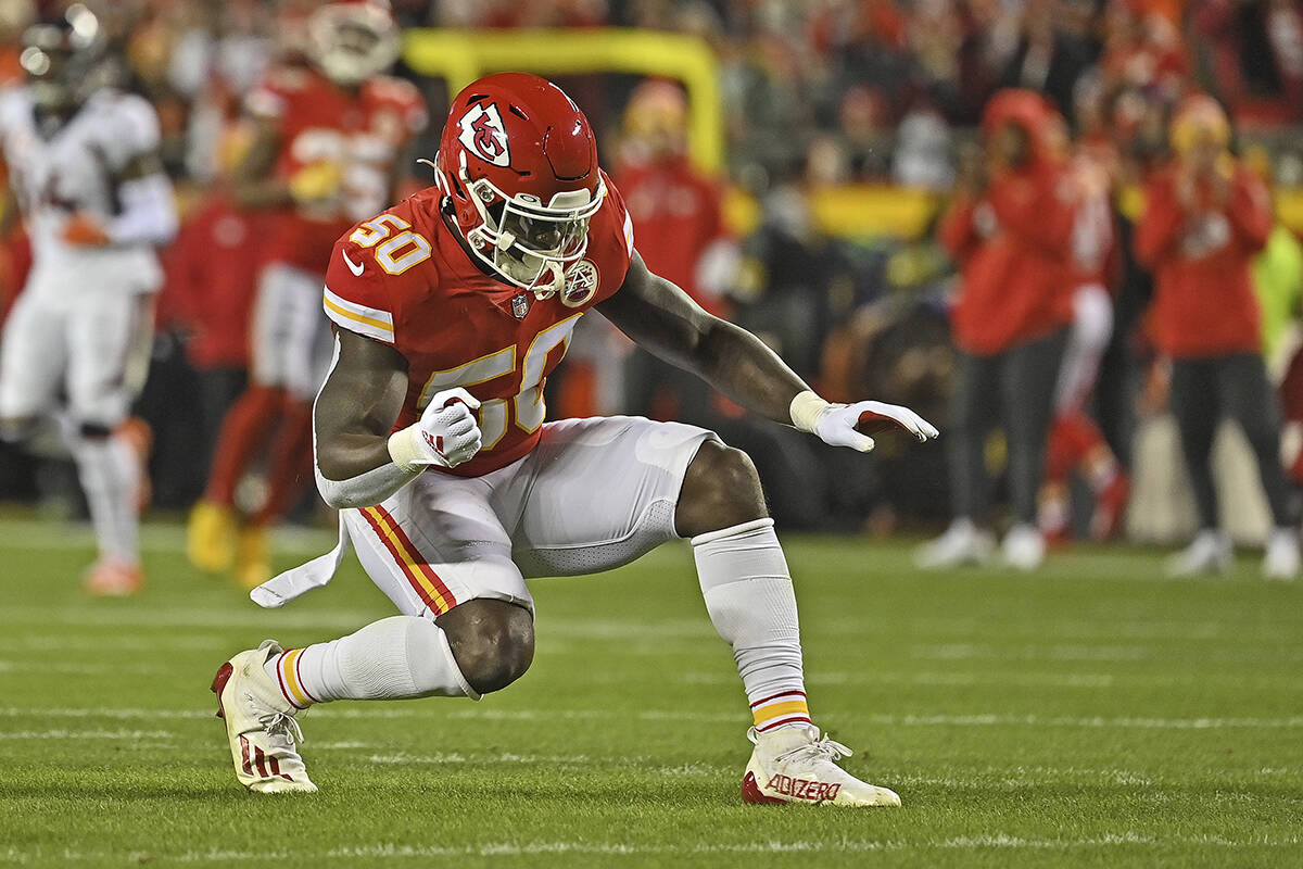 Kansas City Chiefs middle linebacker Willie Gay Jr. (50) celebrates after a sack during an NFL ...