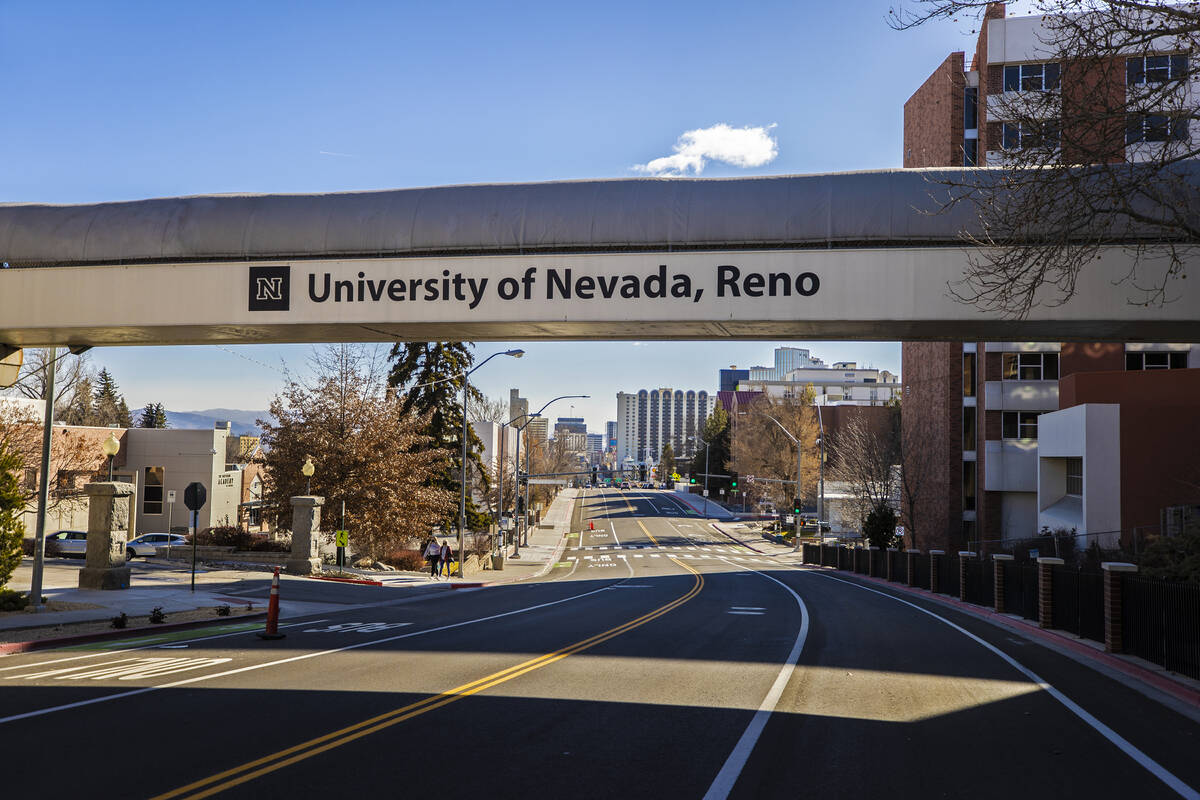 Signage for the University of Nevada, Reno, on Tuesday, Jan. 19, 2021, in Reno. (Benjamin Hager ...