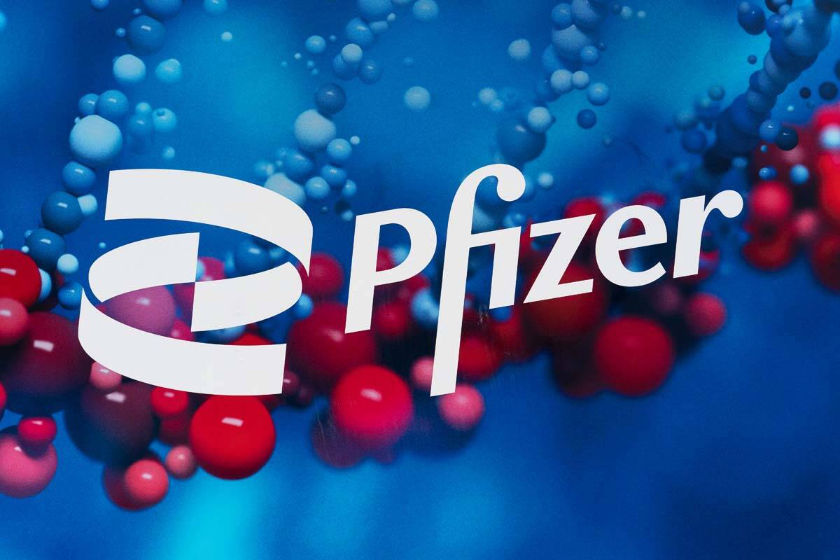 The Pfizer logo is displayed at the company's headquarters in New York, Feb. 5, 2021. Pfizer sa ...