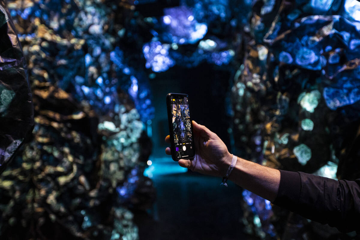 Valentino Vettori, founder of Arcadia Earth, holds a phone showing the installation by Charlott ...