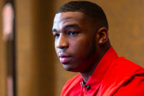 UNLV football's Jacoby Windmon responds to questions during Mountain West Conference media days ...