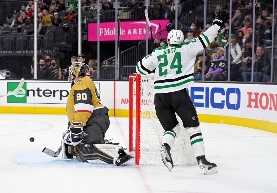Dallas Stars left wing Roope Hintz (24) reacts after a goal by Jason Robertson against Vegas Go ...