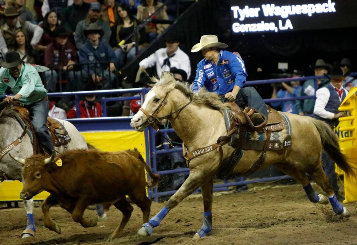 Tyler Waguespack of Gonzales, La. competes in the steer wrestling event during the seventh go-r ...