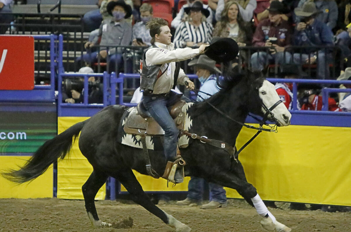 Wyatt Casper of Miami, Texas greet after the saddle bronc riding event during the seventh go-ro ...