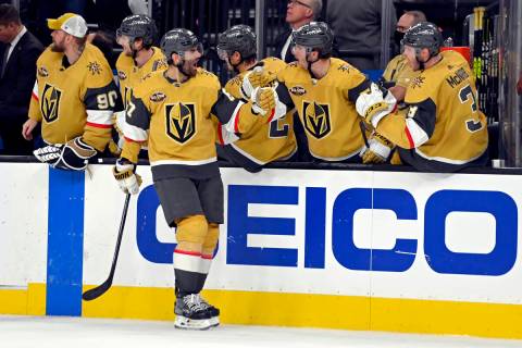Vegas Golden Knights left wing Max Pacioretty (67) is congratulated after scoring against the D ...