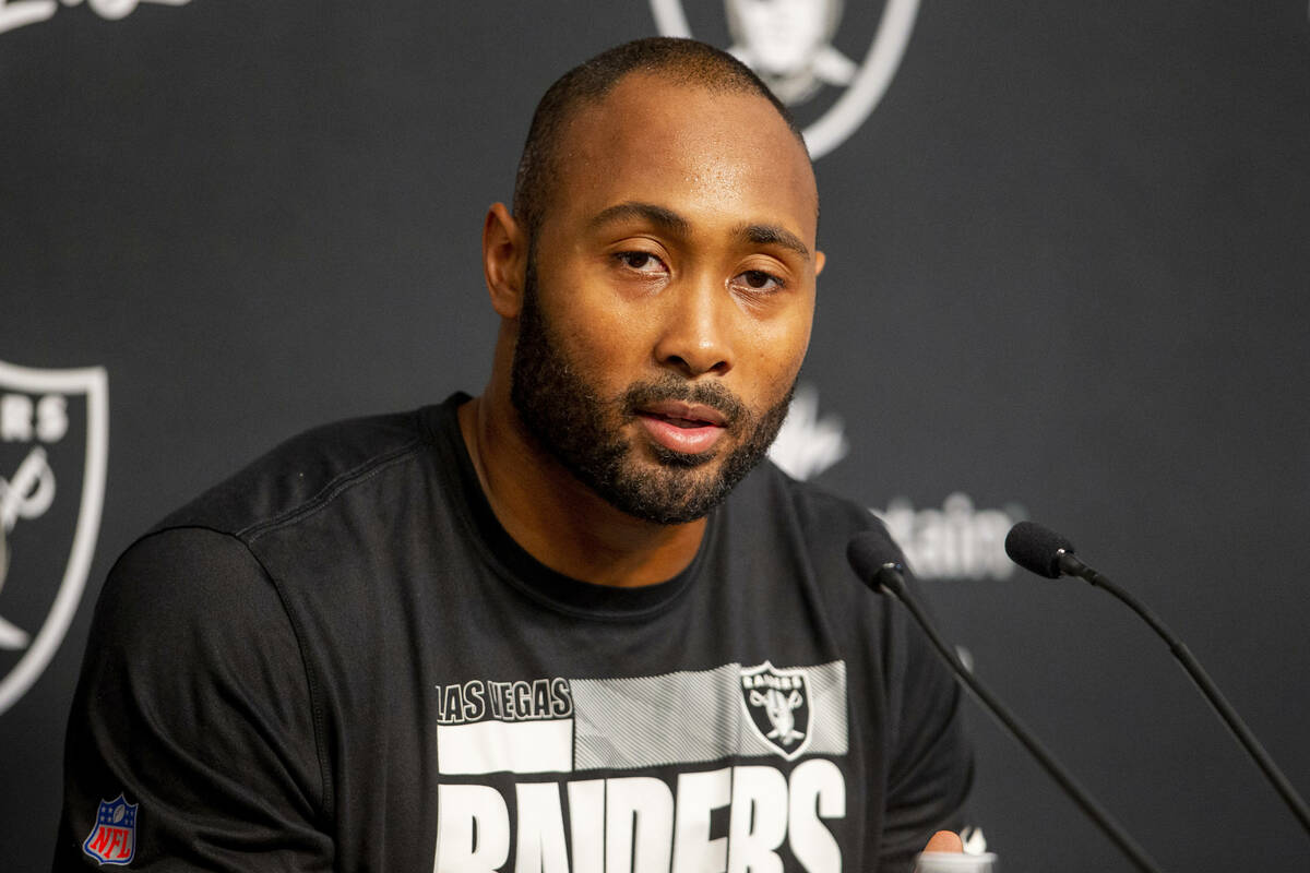 Raiders outside linebacker K.J. Wright (34) speaks during a news conference at Raiders headquar ...