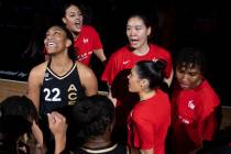 Las Vegas Aces forward A'ja Wilson (22) leads her team onto the court before the start of the W ...