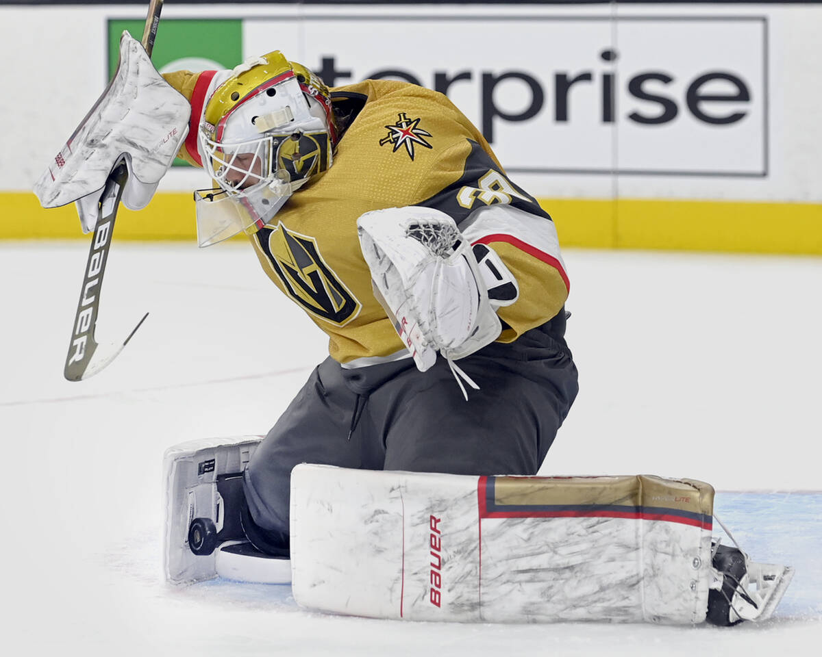 Vegas Golden Knights goaltender Laurent Brossoit (39) makes a save against the Dallas Stars dur ...