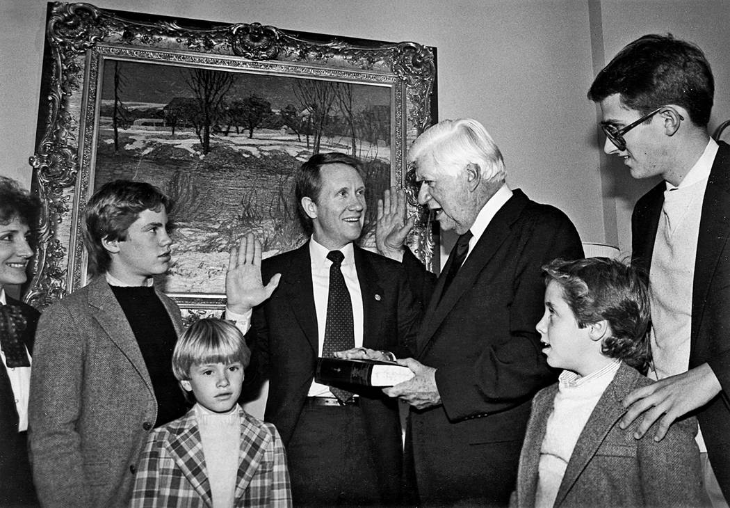 Harry Reid is sworn into the U.S. House of Representatives by Speaker of the House Tip O'Neil, ...