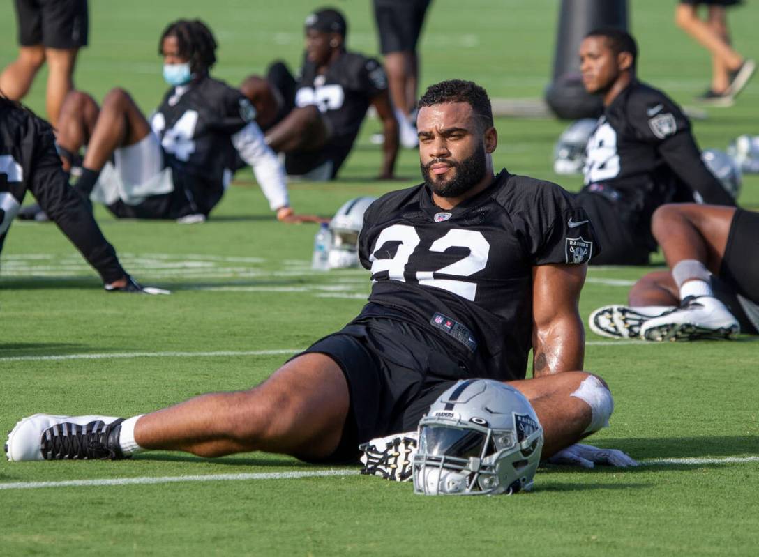 Raiders defensive end Solomon Thomas (92) stretches during the team's NFL training camp practic ...