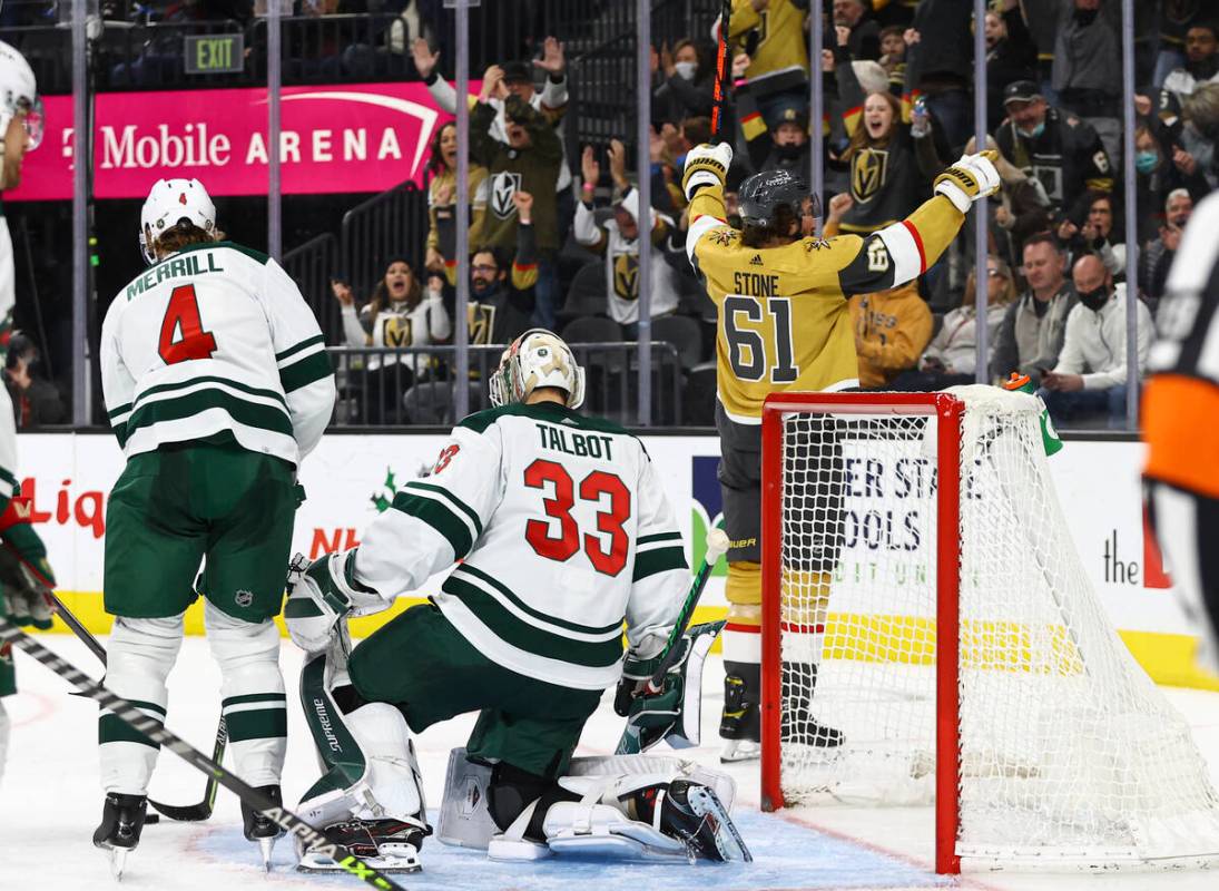 Golden Knights right wing Mark Stone (61) celebrates after his goal against the Minnesota Wild ...