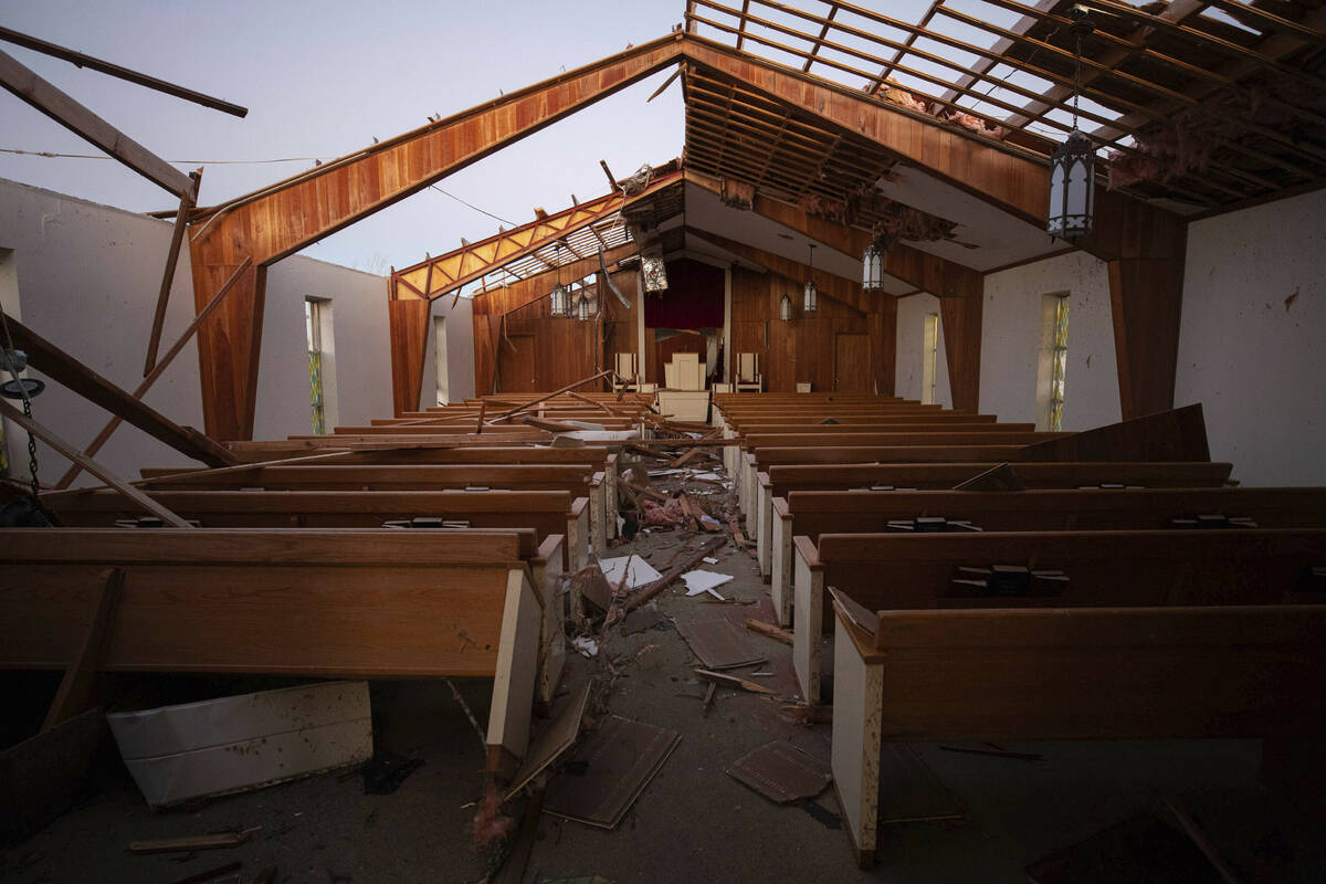 The remains of Dawson Springs Primitive Baptist Church after a tornado in Dawson Springs, Ky., ...