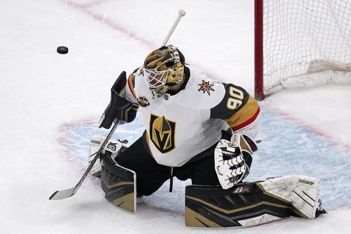 Vegas Golden Knights goaltender Robin Lehner makes a save during the first period of an NHL hoc ...