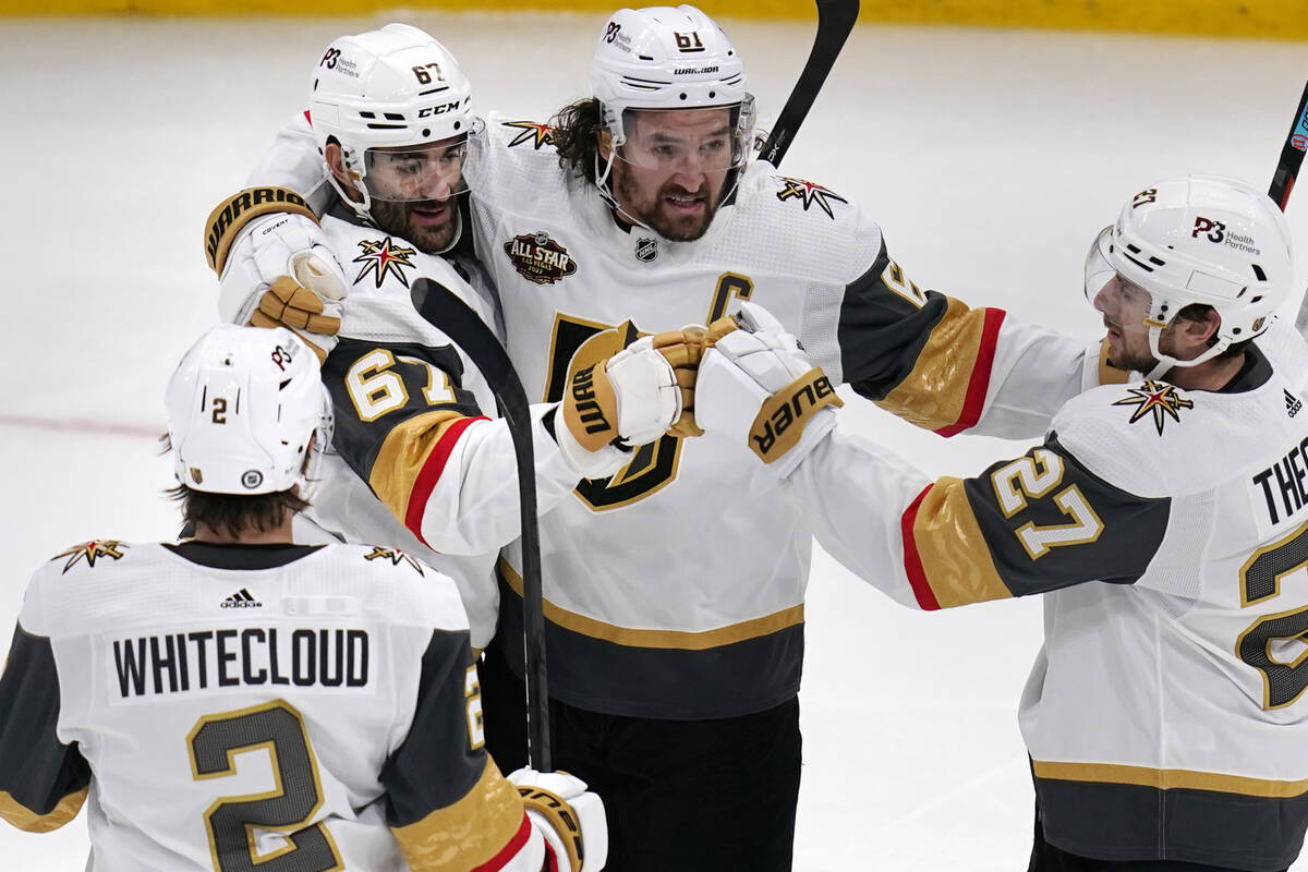 Vegas Golden Knights left wing Max Pacioretty (67) is congratulated after his goal during the s ...