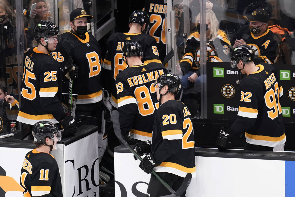 The Boston Bruins head to the locker room after a 4-1 loss to the Vegas Golden Knights after an ...