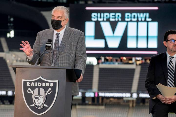 Nevada Governor Steve Sisolak speaks during the NFL Super Bowl LVIII press conference event at ...