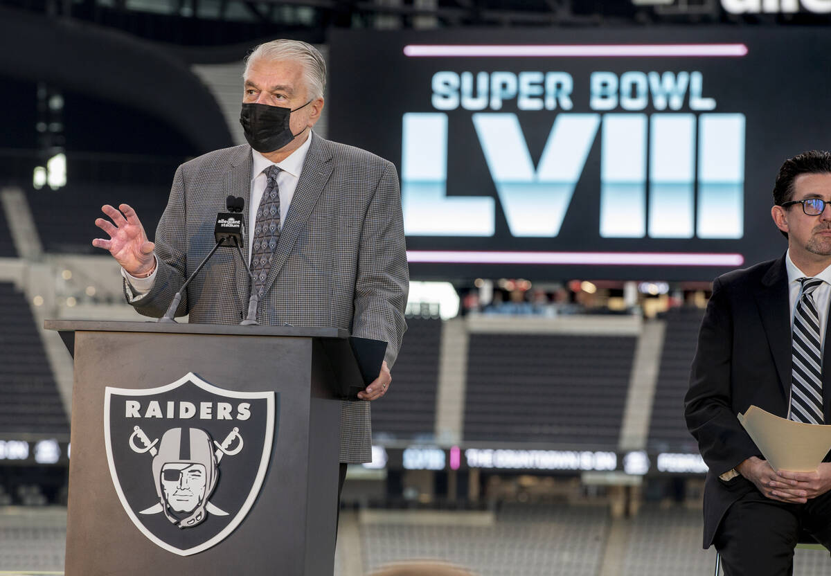 Nevada Gov. Steve Sisolak is shown during the NFL Super Bowl LVIII press conference event at Al ...