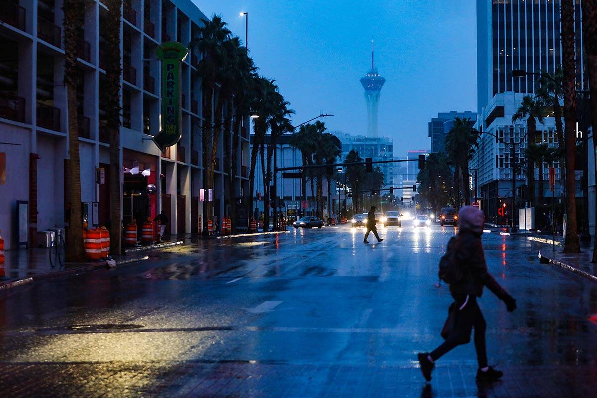 The Strat seen from downtown Las Vegas, Tuesday, Dec. 14, 2021. Much of the Las Vegas Valley re ...