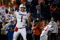 Liberty High’s quarterback Jayden Maiava (1) throws against Bishop Gorman during the fir ...