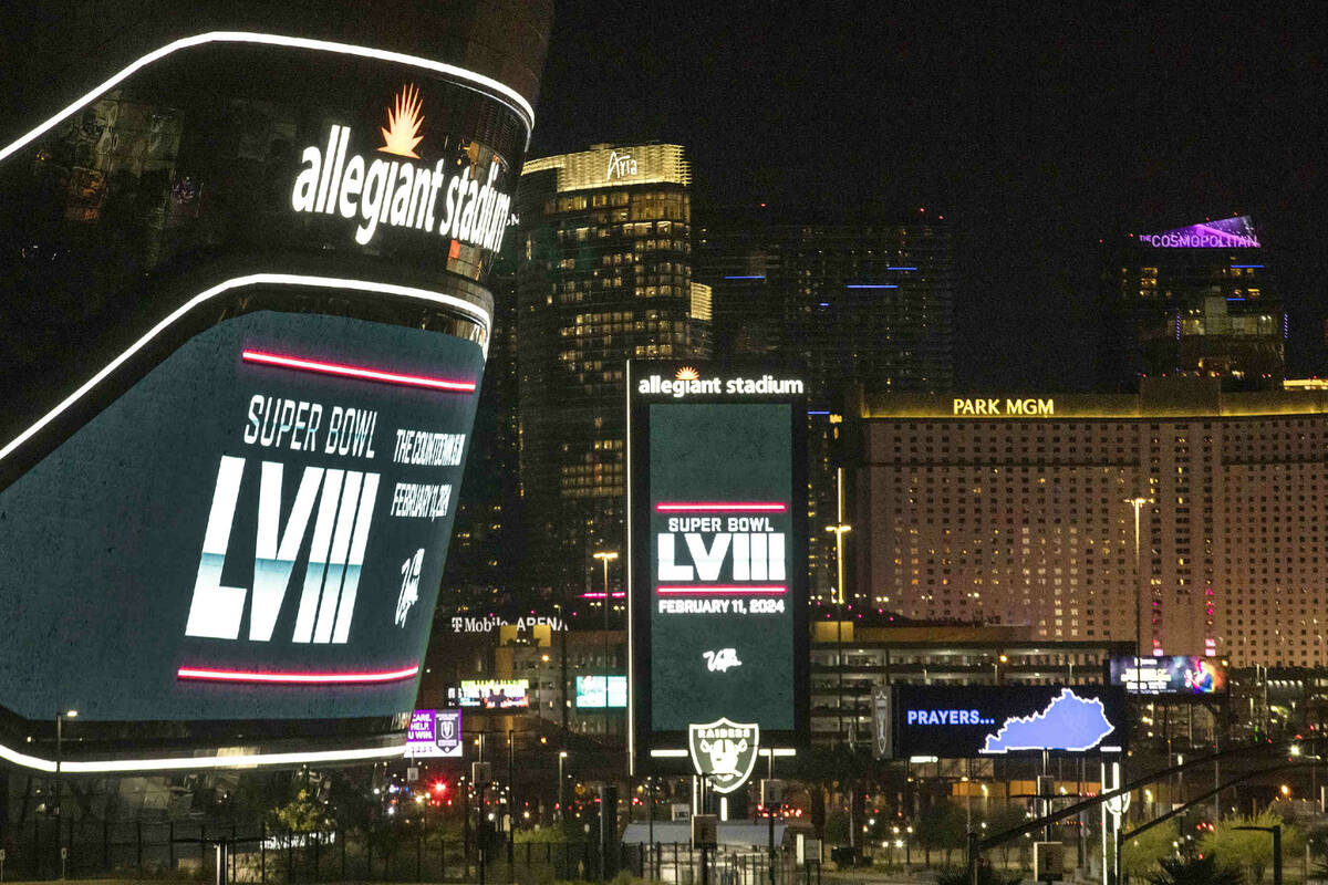 Allegiant Stadium features a 2024 Super Bowl LVIII message on itÕs marquee in celebration of t ...