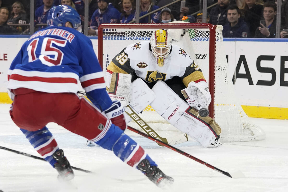 Vegas Golden Knights goaltender Laurent Brossoit (39) makes a save against New York Rangers rig ...