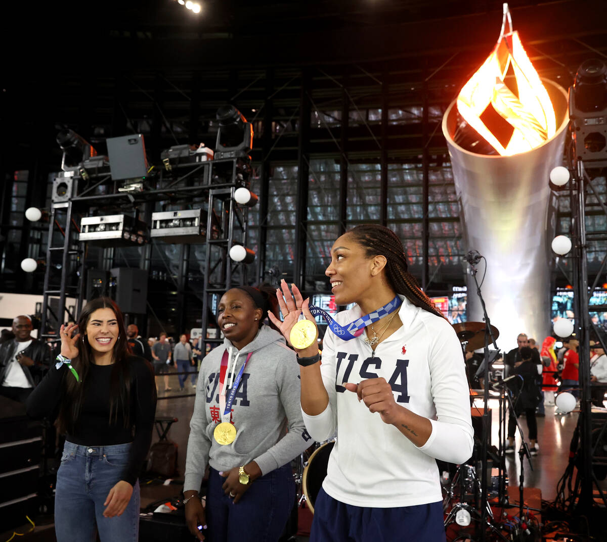 Las Vegas Aces Olympic gold medalists, from left, Kelsey Plum, Chelsea Gray and A'ja Wilson are ...