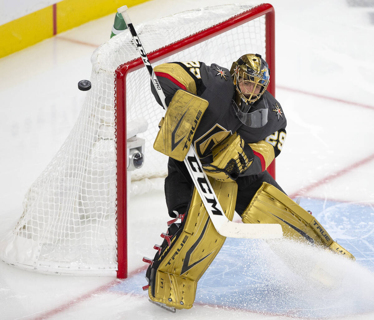 Golden Knights goaltender Marc-Andre Fleury (29) makes a save during the second period of Game ...