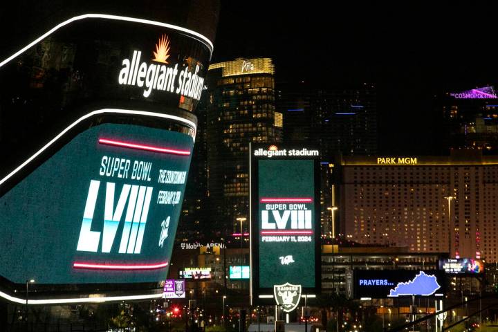 Allegiant Stadium features a 2024 Super Bowl LVII message on itÕs marquee in celebration o ...