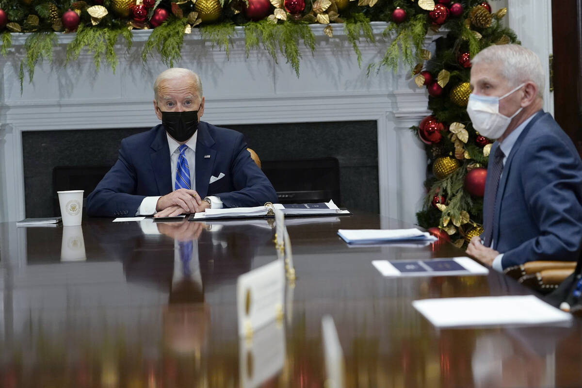 President Joe Biden speaks as he meets with members of the White House COVID-19 Response Team i ...